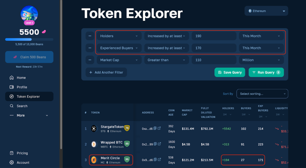 Token Explorer Landing Page Showing Merit Circle Crypto Data