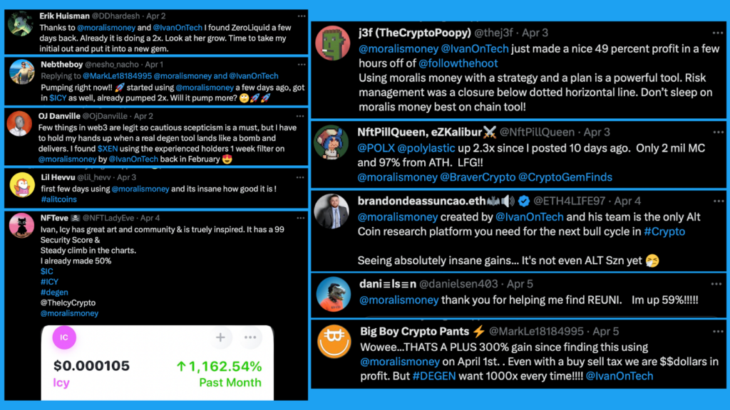 Twitter Testimonials of How Moralis Money's Crypto Analysis Tools Have Helped Traders Maximize Gains