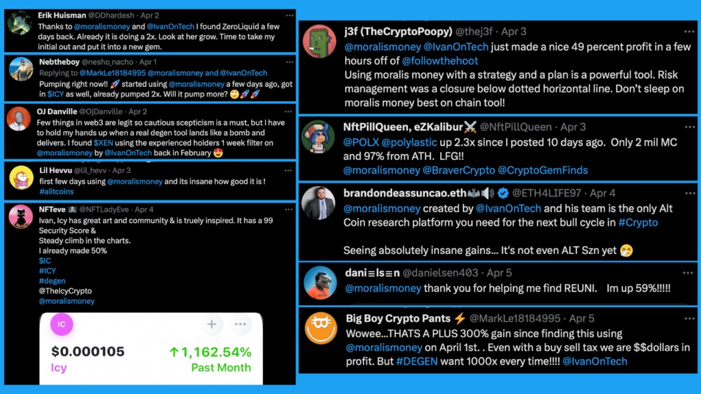 Twitter testimonials from users who have made profits using Moralis Money crypto signals