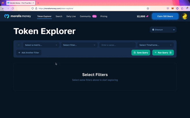 GIF - Setting the Coin Age and Market Cap filters in Moralis Money's token explorer to start our 1000x crypto search