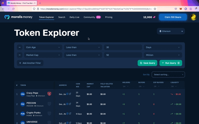 GIF - Adding the Liquidity, Holders, and Experienced Buyers filters in Moralis Money Token Explorer to find the next 1000x crypto