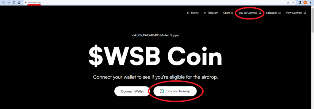 wsbcoin.org website showing how to buy WSB tokens