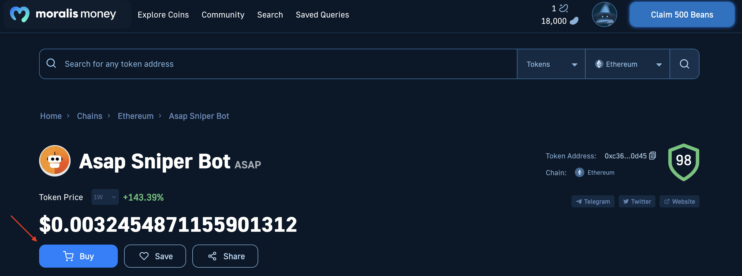 Arrow pointing at the "Buy" button to illustrate how to buy into the Asap Sniper Bot Crypto Coin