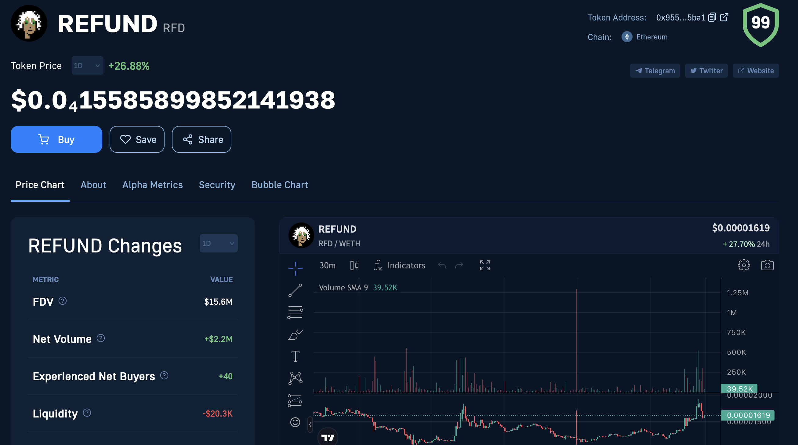 Moralis Money Crypto Trading Tool Showing Cryptocurrency Tokenomics Data for the REFUND Token