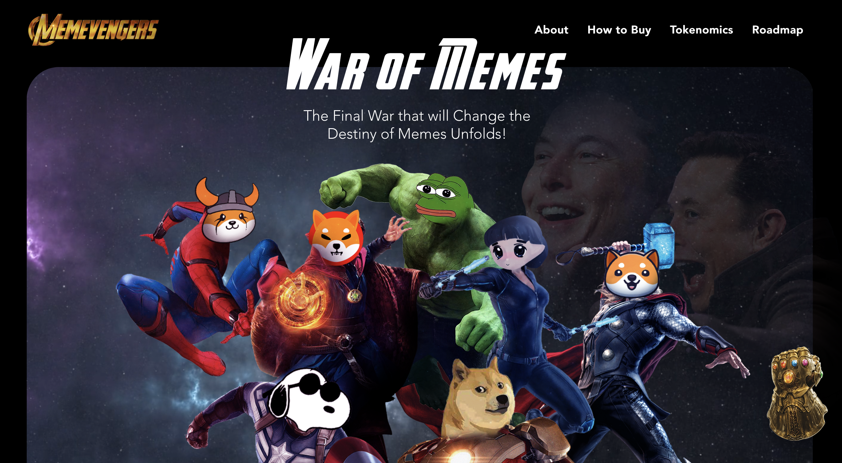Homepage for the MEMEVENGERS Crypto coin - Landing page 