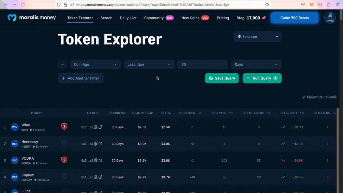 Various Metrics in Moralis Money Token Explorer to Filter New Crypto Projects
