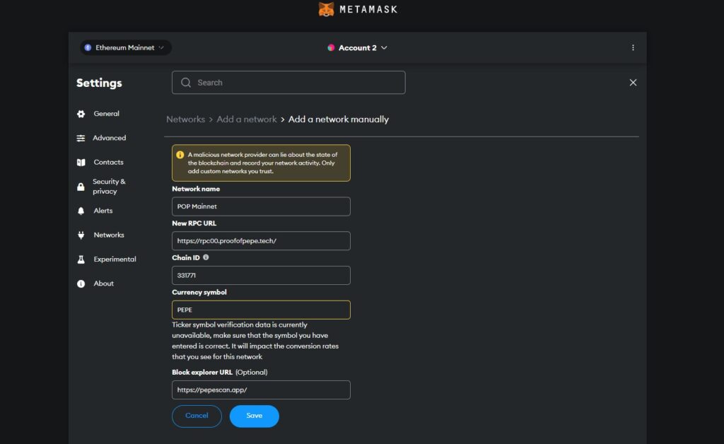 Adding the Proof of Pepe network to MetaMask