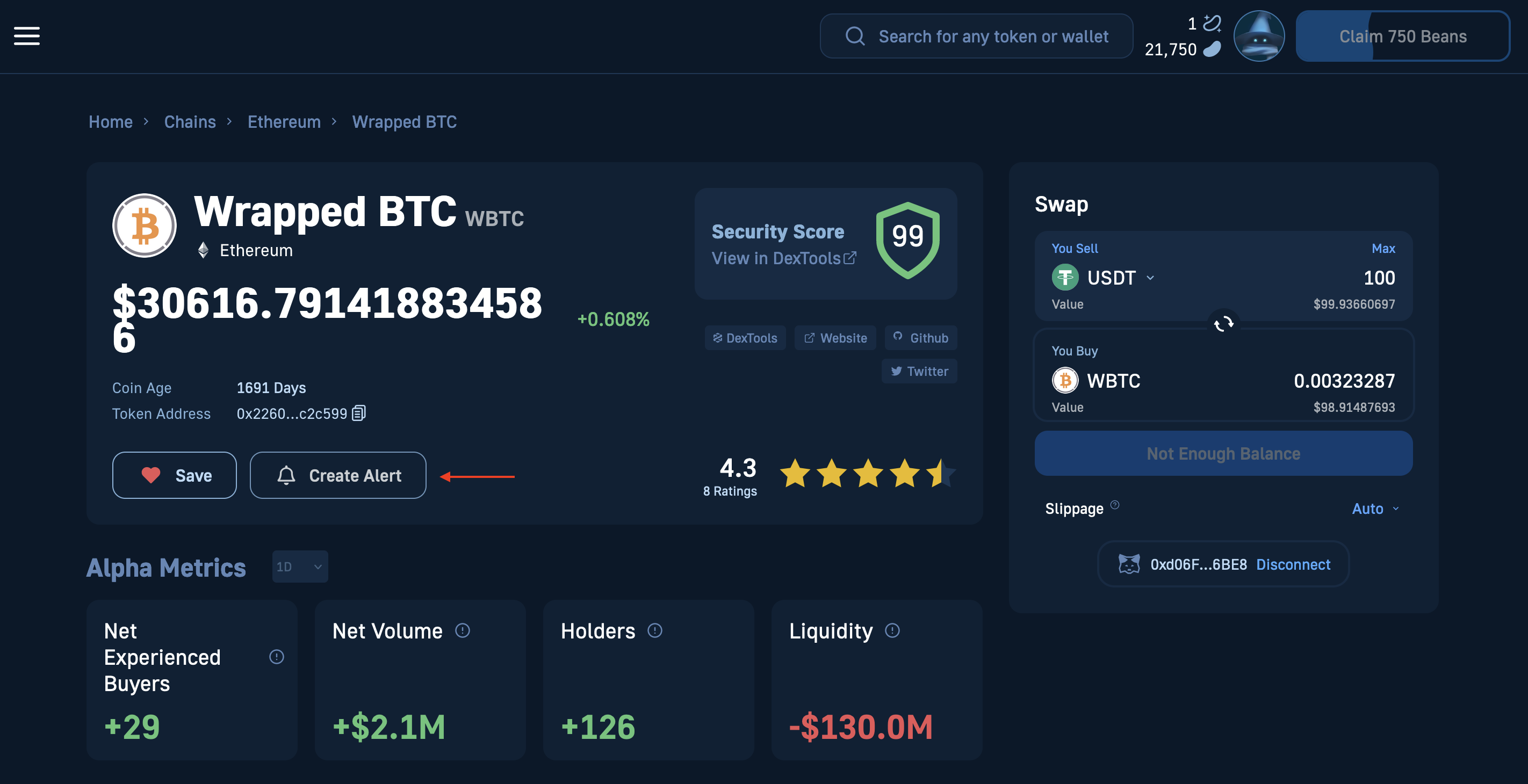 Create Price Alert button on a cryptocurrency token page