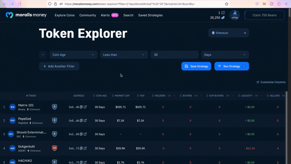 Token Explorer Filter Options