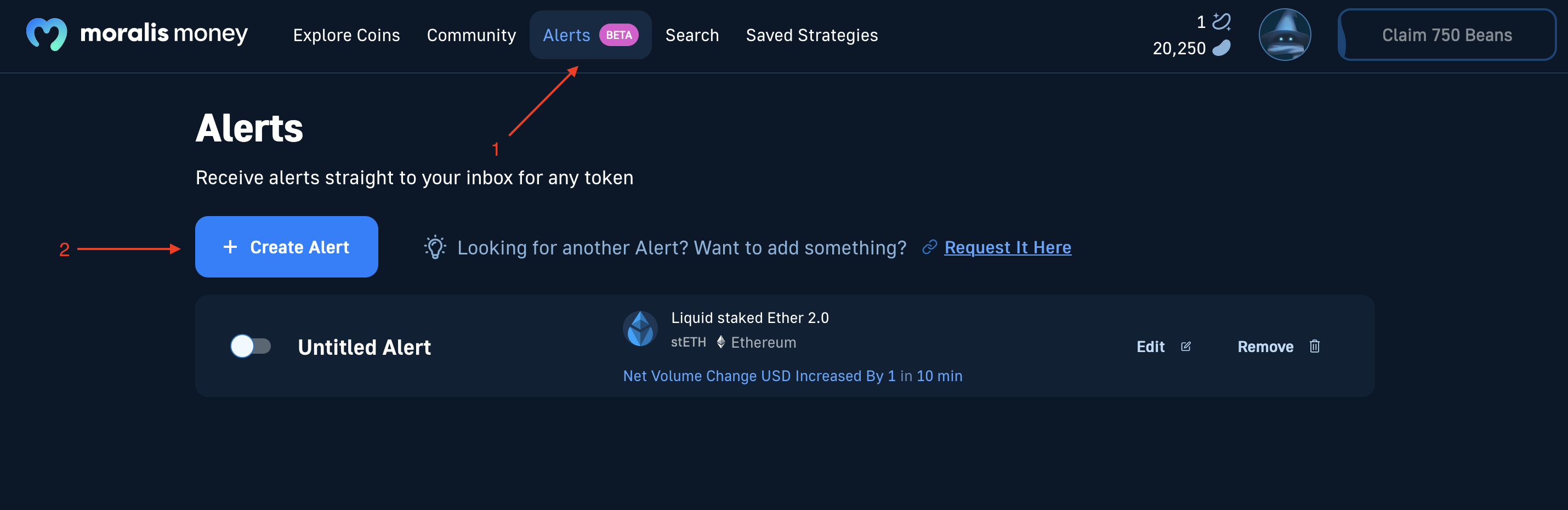Crypto Trading Tips Number 2: Use Moralis Money Token Alerts - Image shows how to set up alerts