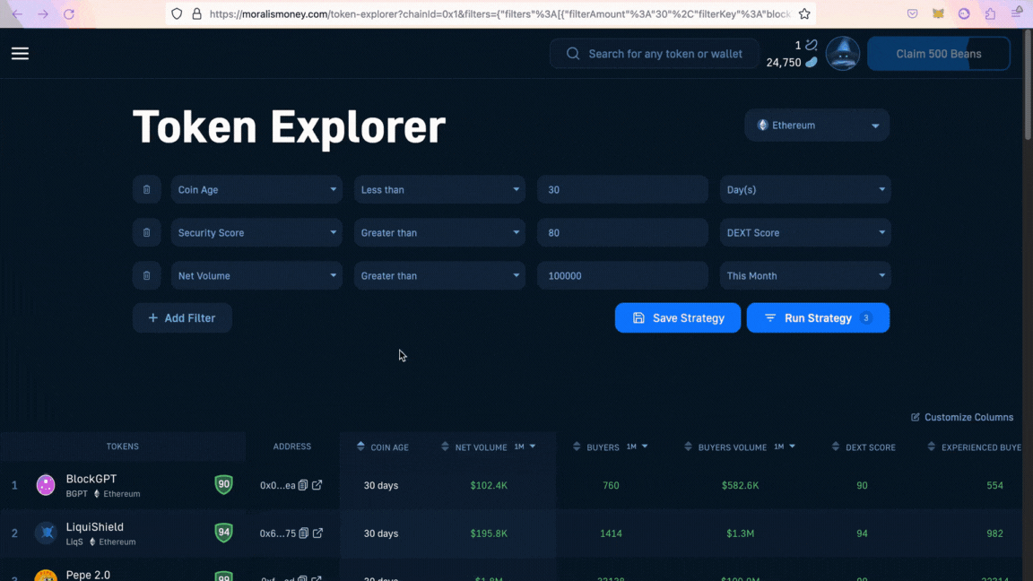GIF image showing the result of our search query using Token Explorer to find up and coming crypto