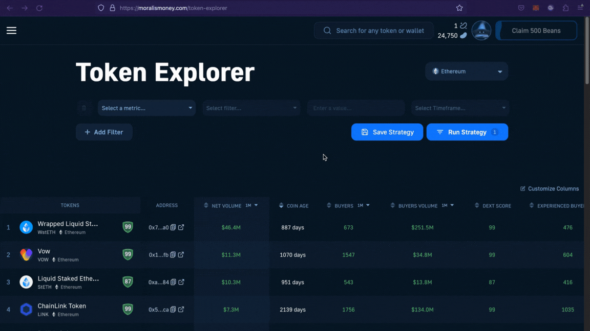 GIF showing step one of how to know which coin will pump today on Binance - using token explorer and setting specific metrics