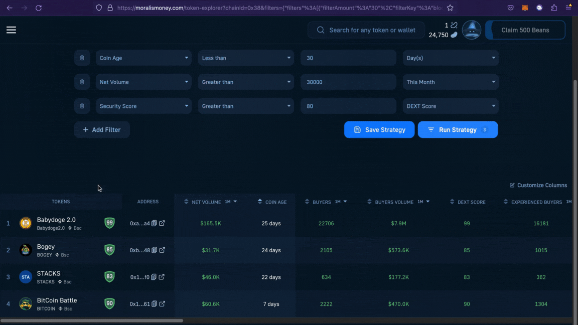 Moralis Money token page GIF illustrating how to use the research tools when looking for coins that will pump on Binance today