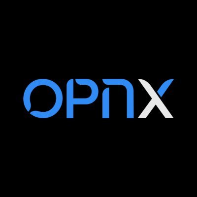 OPNX logo and text in blue on black background