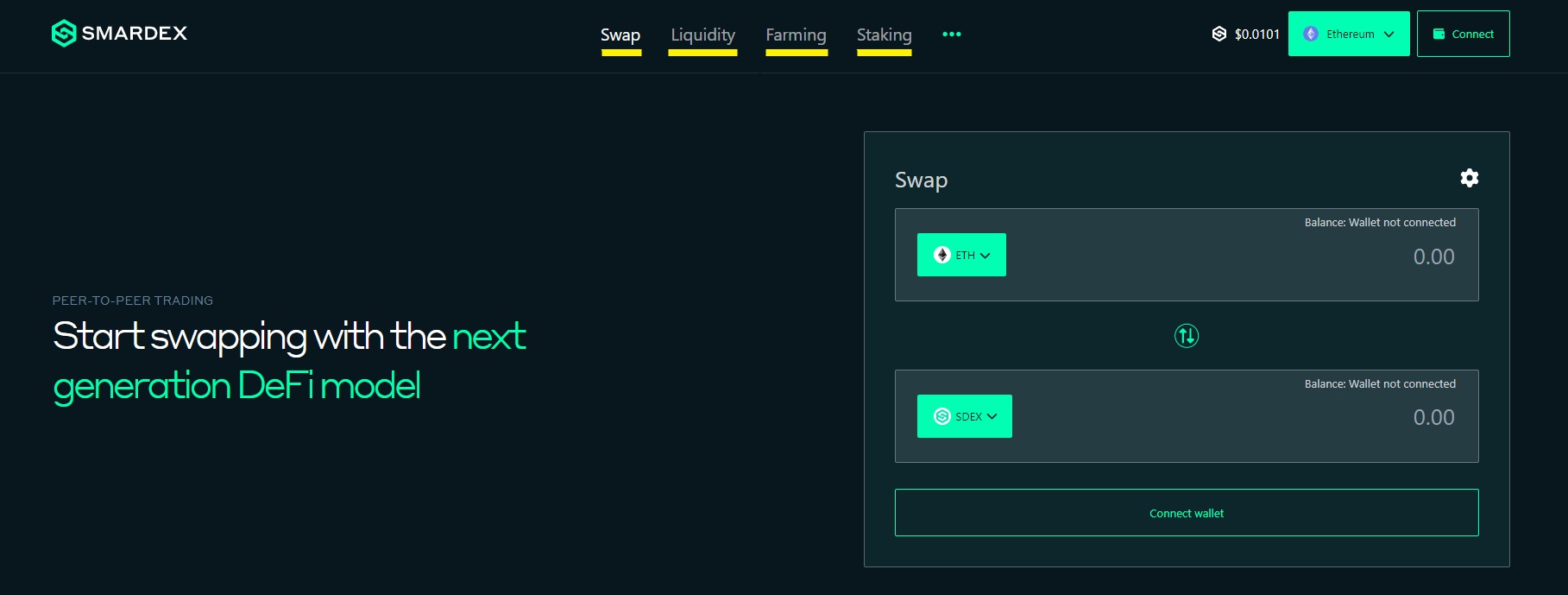 The dapp (app) platform from SmarDex - UI showing the SDEX coin swap feature
