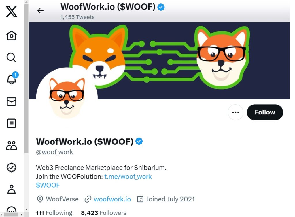 official twitter (X) account of the woof token crypto project