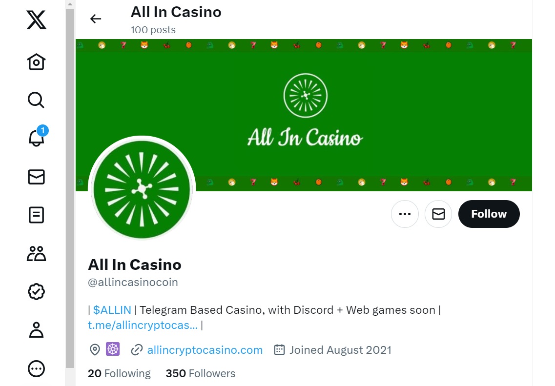 X (formerly Twitter) page of the All In Casino crypto project