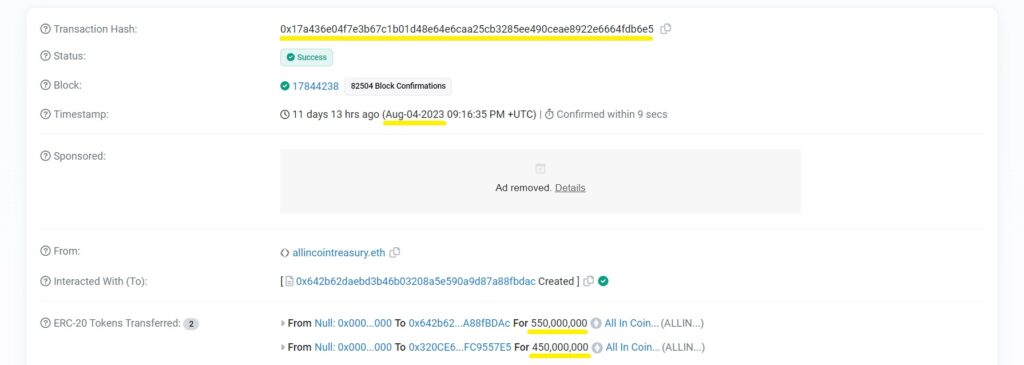 Etherscan transaction page of the ALLIN coin