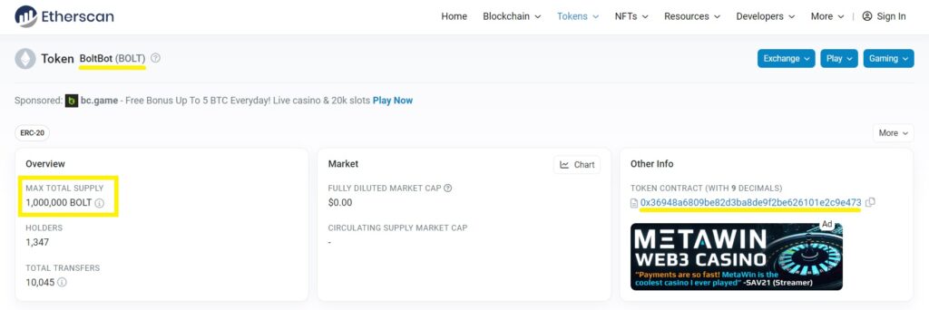 Etherscan page for the BOLT coin and its transactions