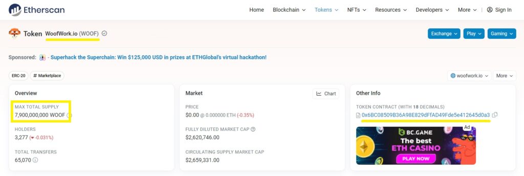 etherscan data for the WOOF coin