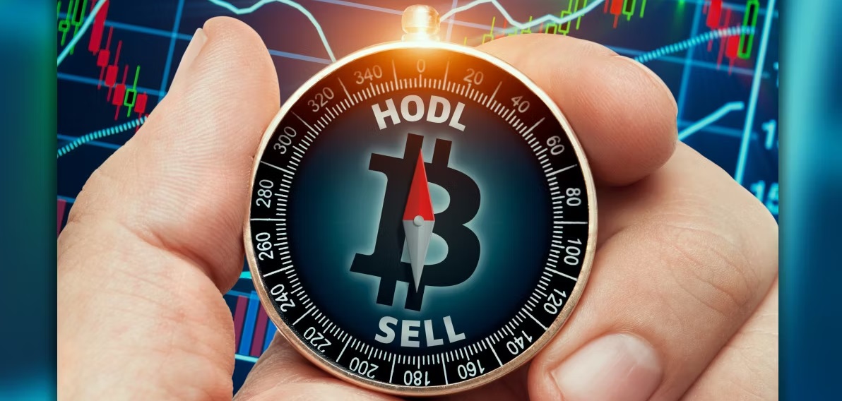 HODL title with a man holding a compass acting as a crypto trading strategy tool