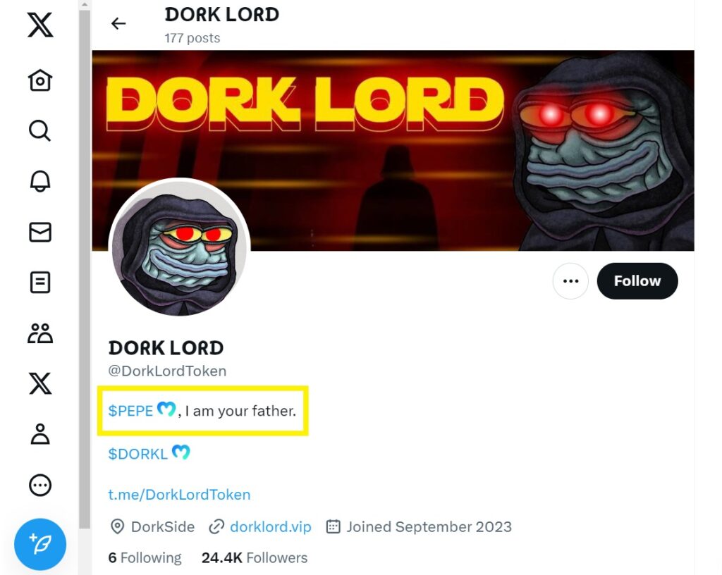 Dork Lord (DORKL) X account page