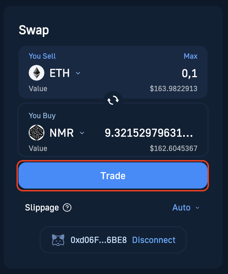 Trade button to swap NMR coins