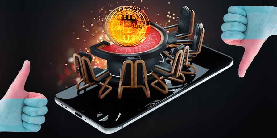 Two hands with each holding one thumb up and one down, illustrating the pros and cons of online crypto gambling