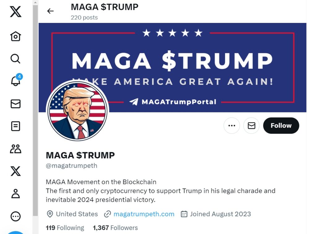 X account top page with profile image and banner image of the MAGA TRUMP crypto project