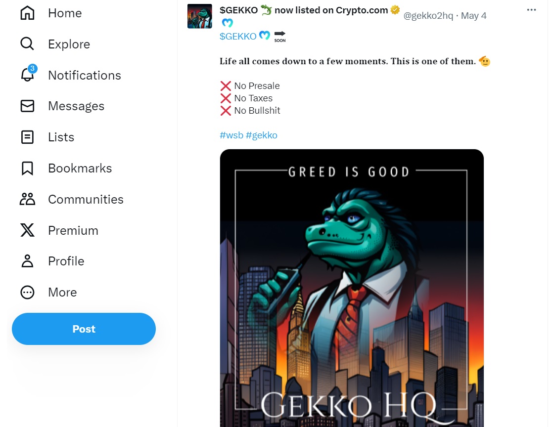 Official X account page of the Gekko HQ project