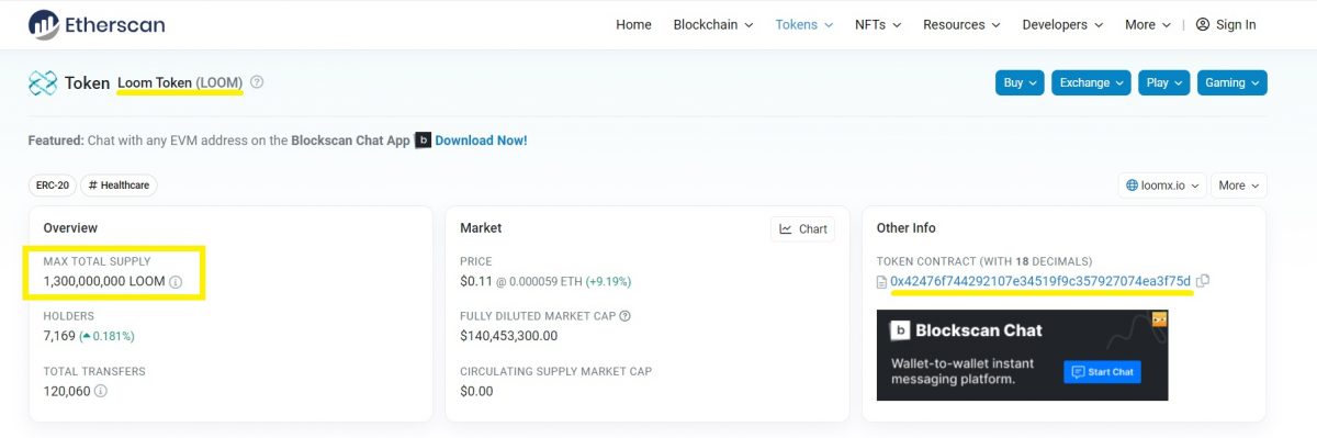 Loom Network Coin Tokenomics on Etherscan