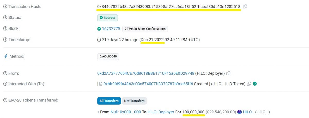 Etherscan page for the HILO cryptocurrency
