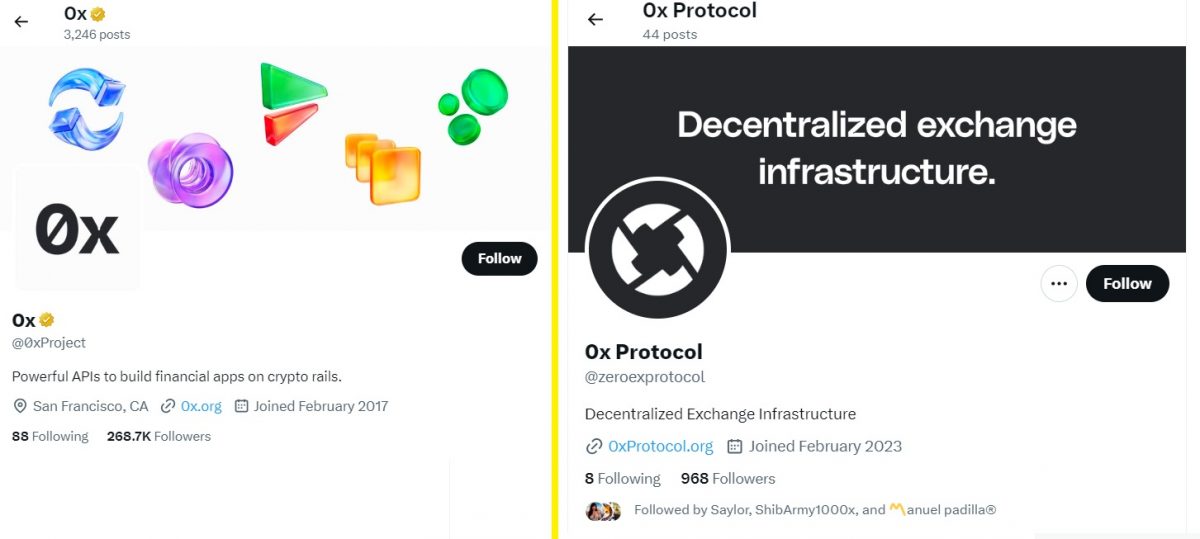 ZRX crypto X (formerly Twitter) page - Showing the old 0x crypto page and the new 0x Protocol profiles side by side