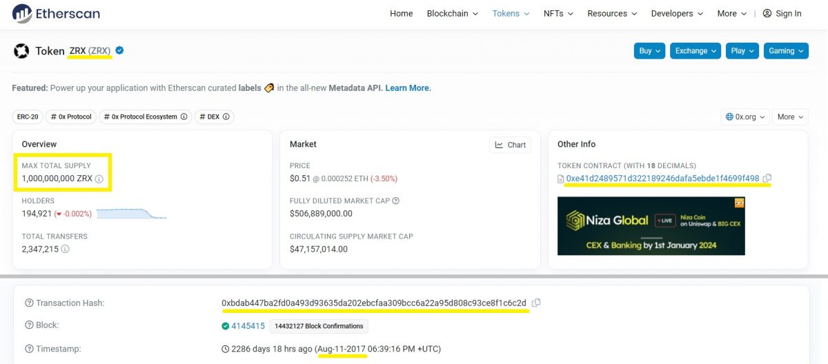 on-chain data from Etherscan - highlighting the ZRX token