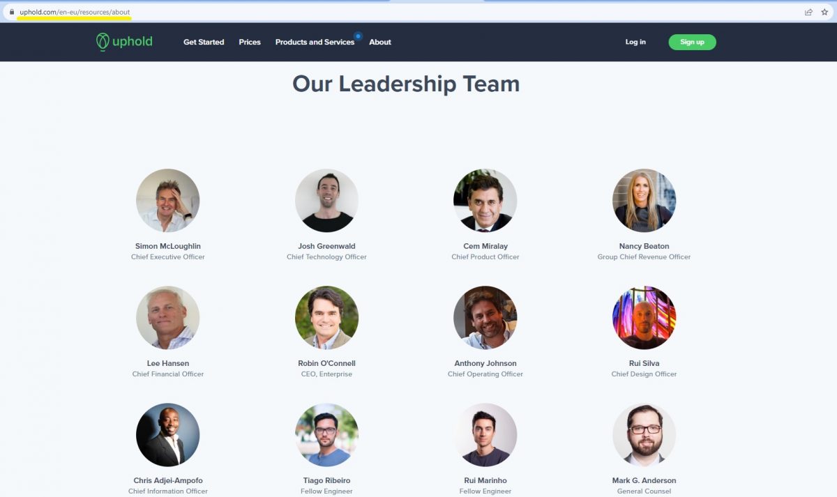 Leadership team outlined on the Uphold About is page