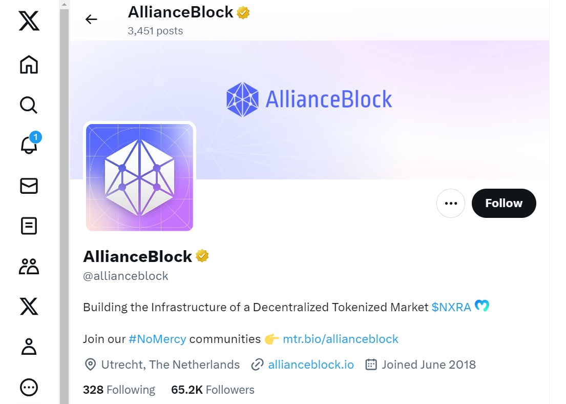 AllianceBlock Nexera X (formerly Twitter) account page