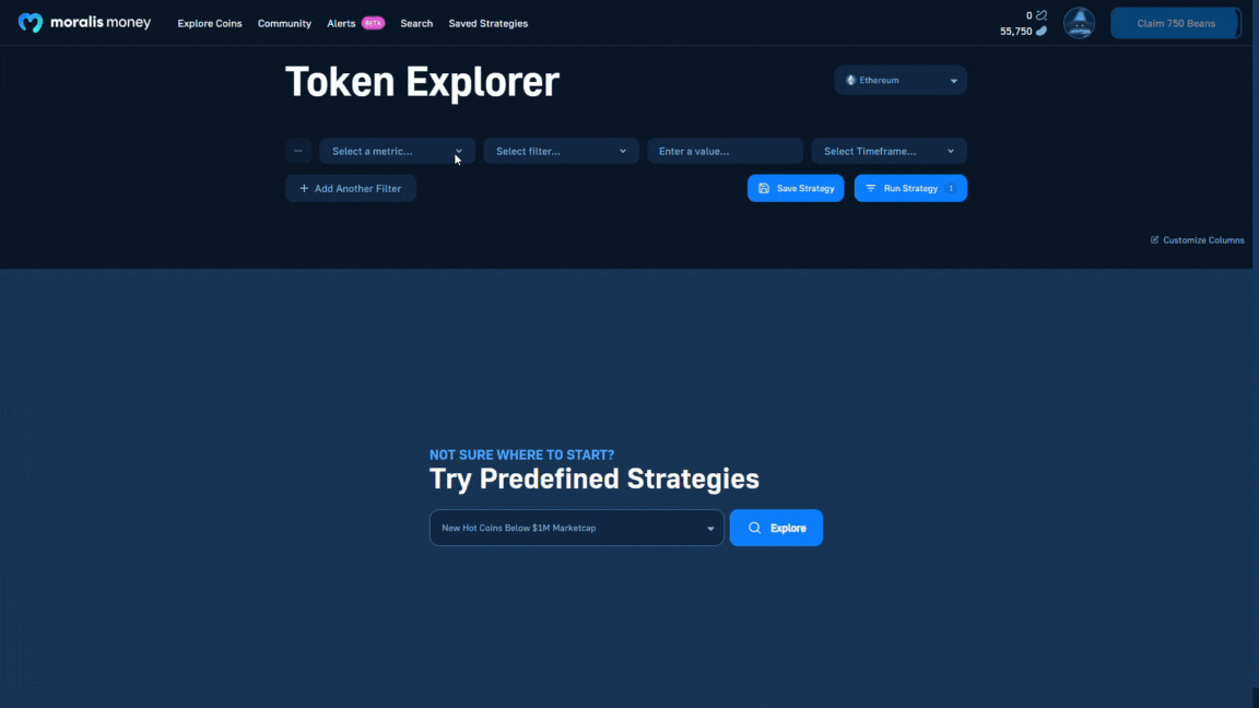 GIF - Showing how to find crypto to explode in 2024 using Moralis Money Token Explorer