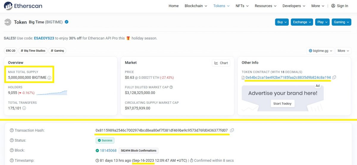 BIGTIME crypto coin on Etherscan