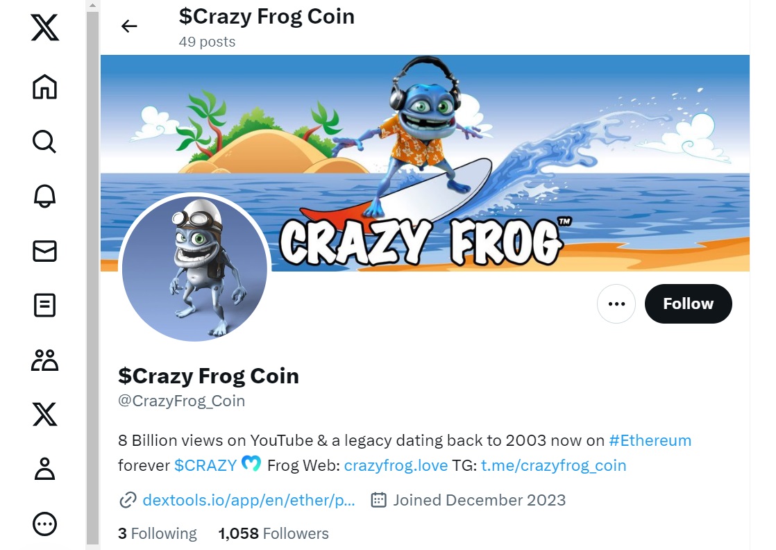 Should You Buy the Crazy Frog Crypto - Live Prices & On-Chain Trading Data for the CRAZY Token - Twitter account